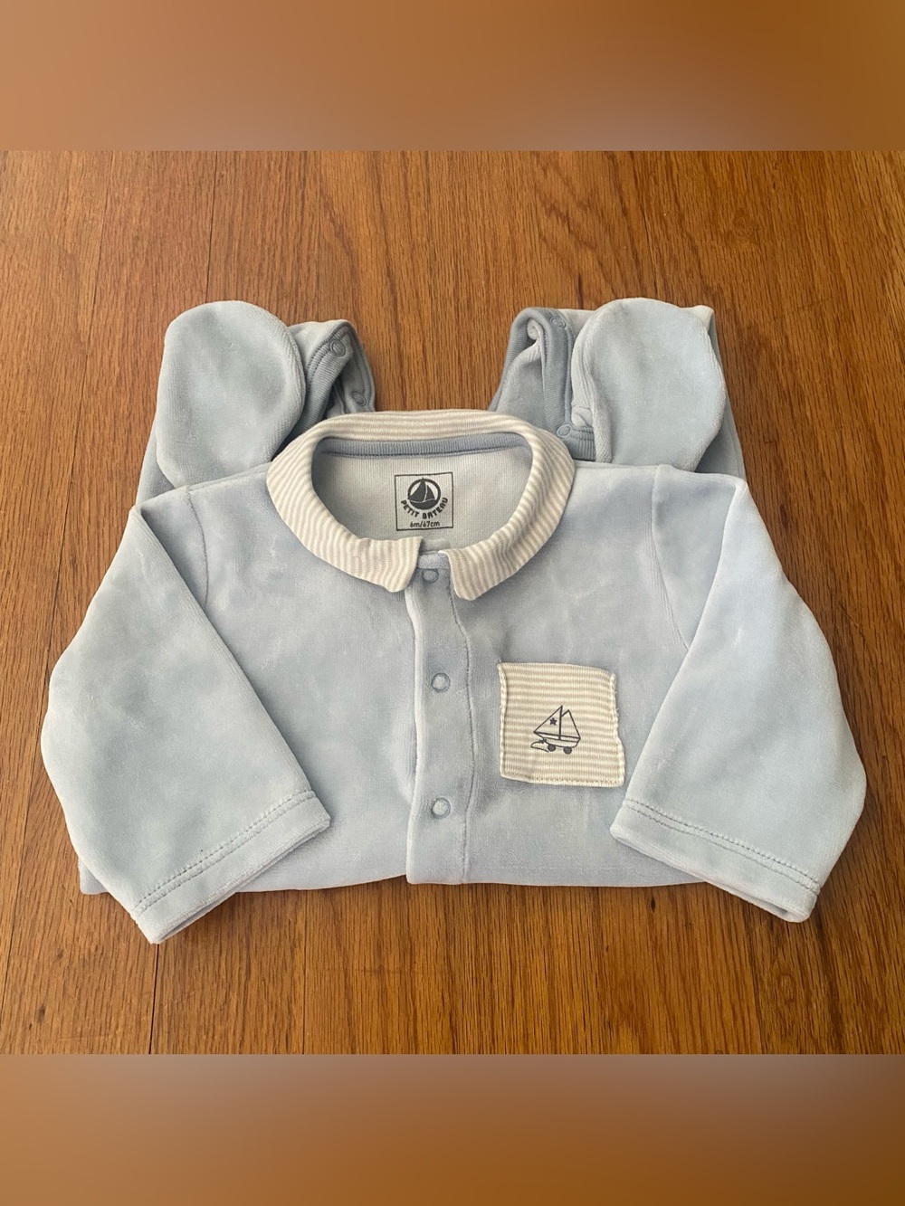 Petit Bateau Light Blue Velour Collared  Baby Footie
